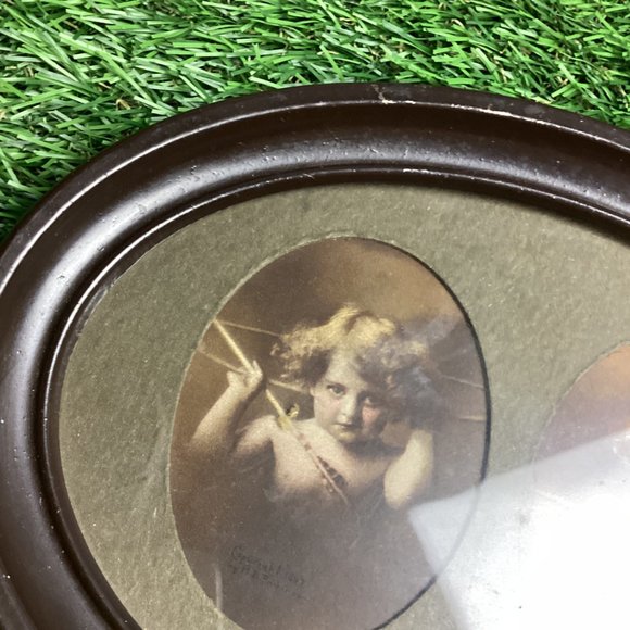 Antique Cupid Awake and Asleep Double Photo Oval Framed Picture - Picture 6 of 11